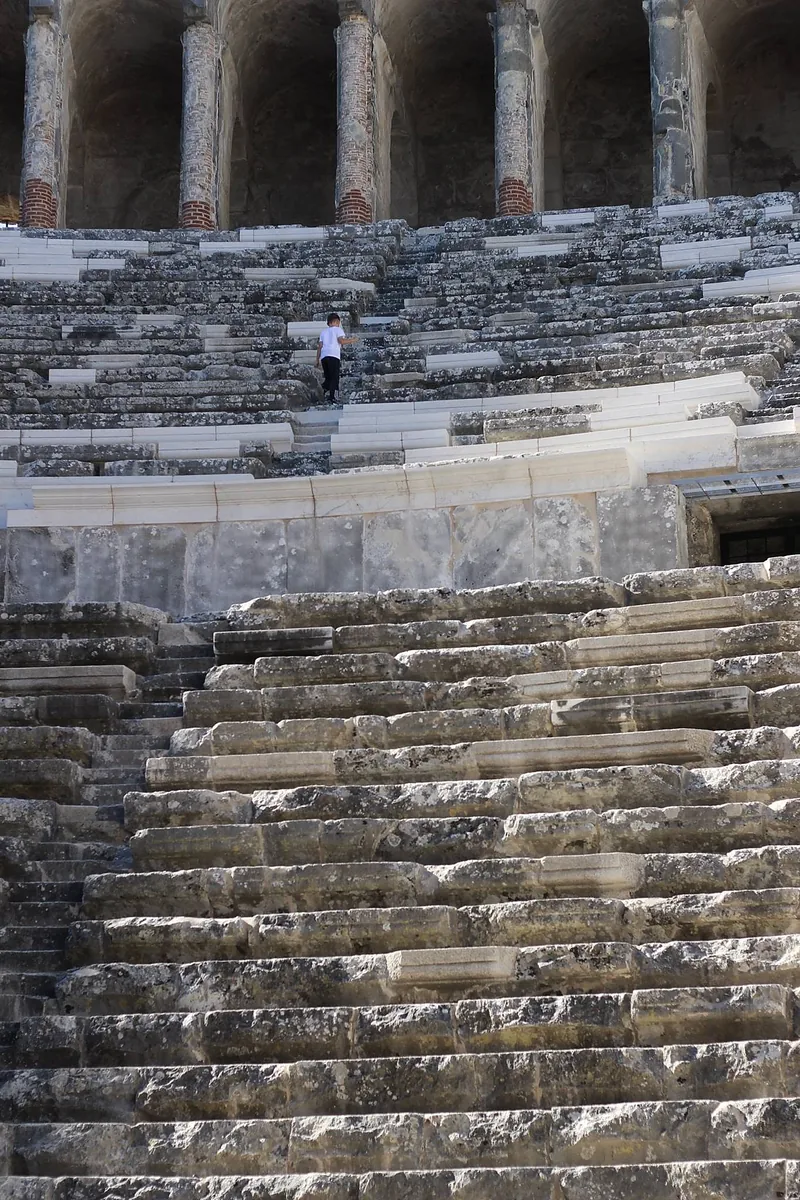 The tiers of the ancient theatre of Aspendos, with the colonnaded gallery above