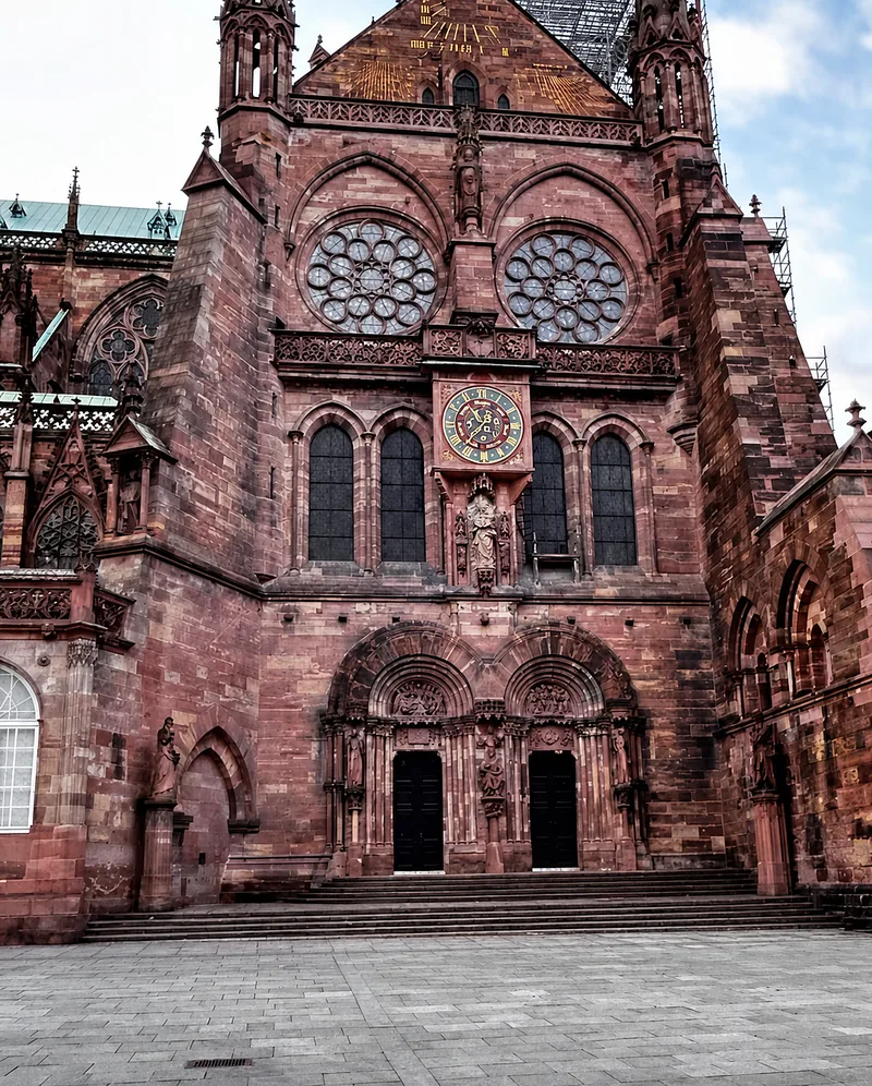 The pink sandstone south facade of Strasbourg Cathedral, with rose windows and the astronomical clock