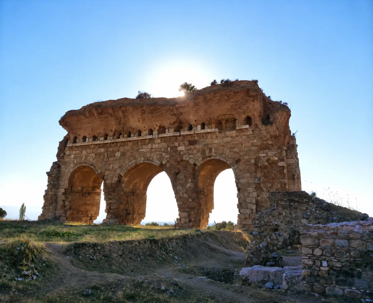 The three-arched stone and brick structure at the ancient city of Tralleis, lit by the sun